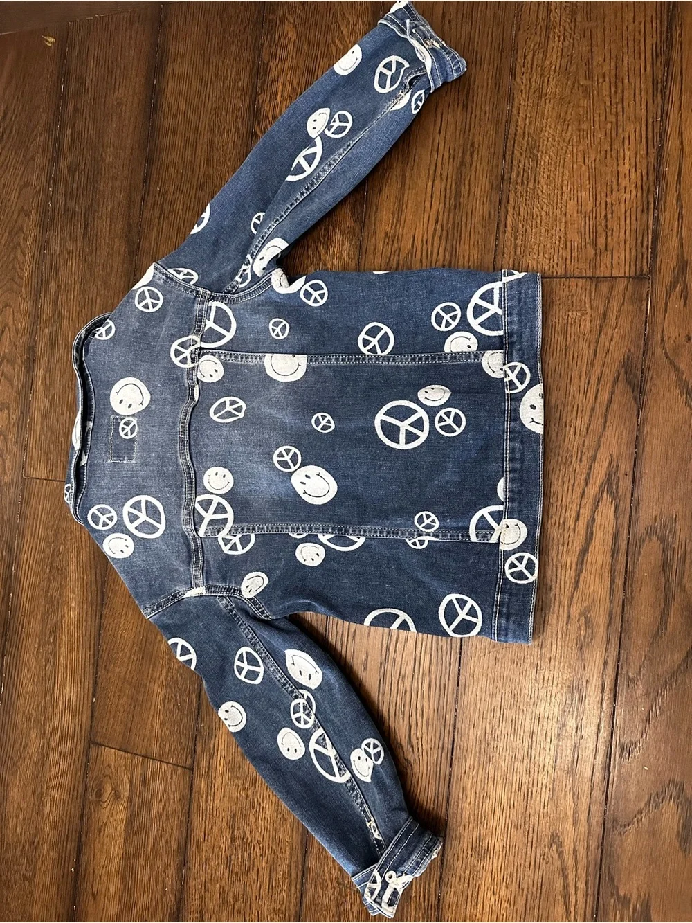 Justice Blue Denim Stranger Things Jacket with White Peace Signs & Smiley Print